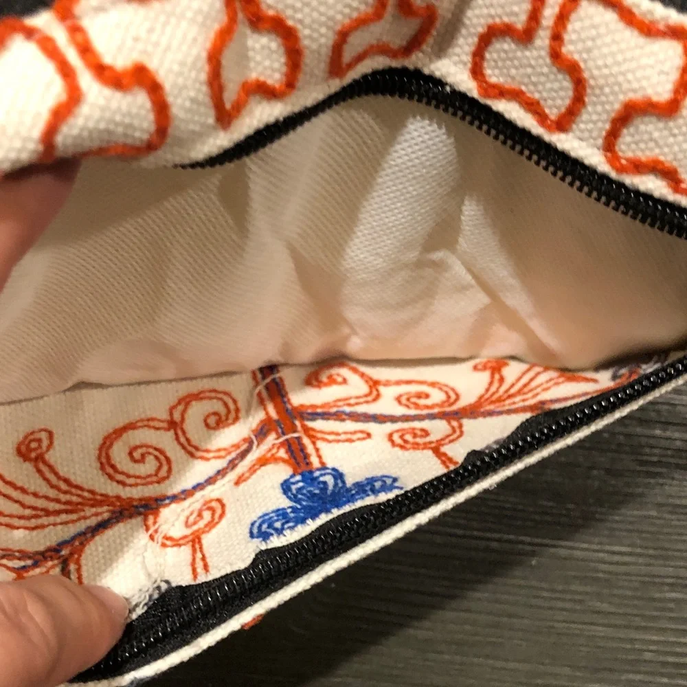 Embroidered Floral Canvas Wristlet Clutch in Cream, Blue & Orange